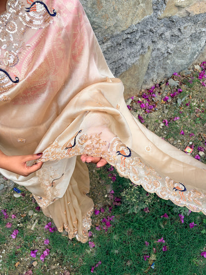 Ivory Peaches Work Soft Organza Saree