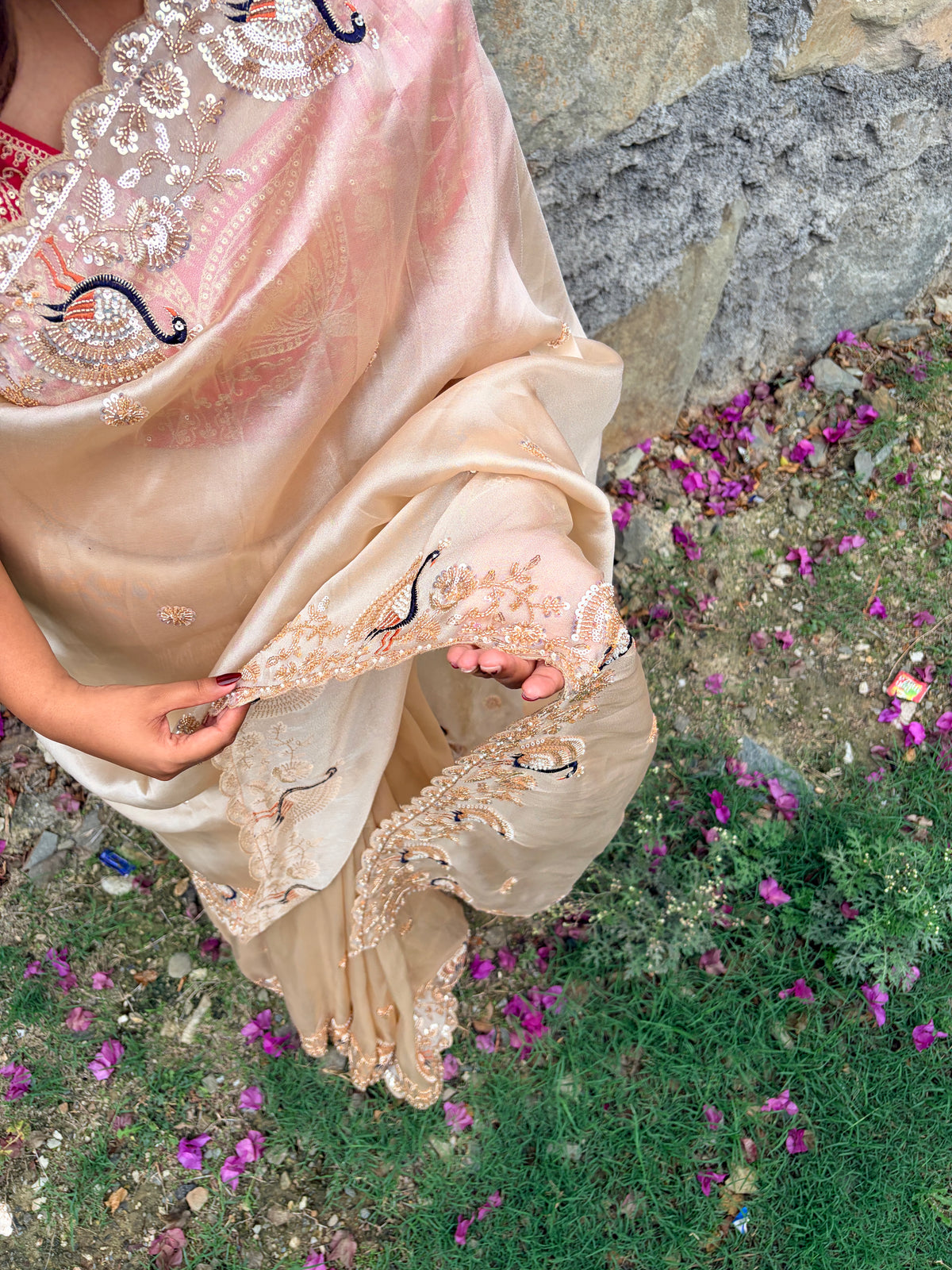 Ivory Peaches Work Soft Organza Saree
