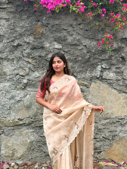 Ivory Peaches Work Soft Organza Saree
