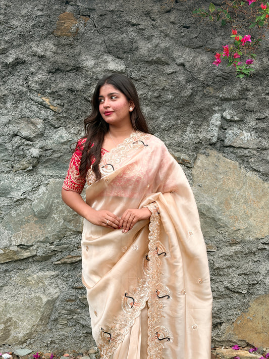 Ivory Peaches Work Soft Organza Saree