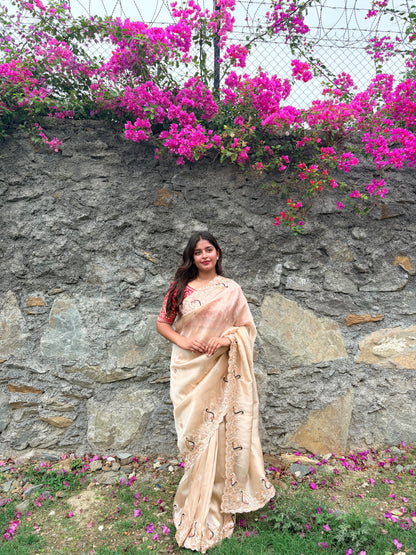 Ivory Peaches Work Soft Organza Saree