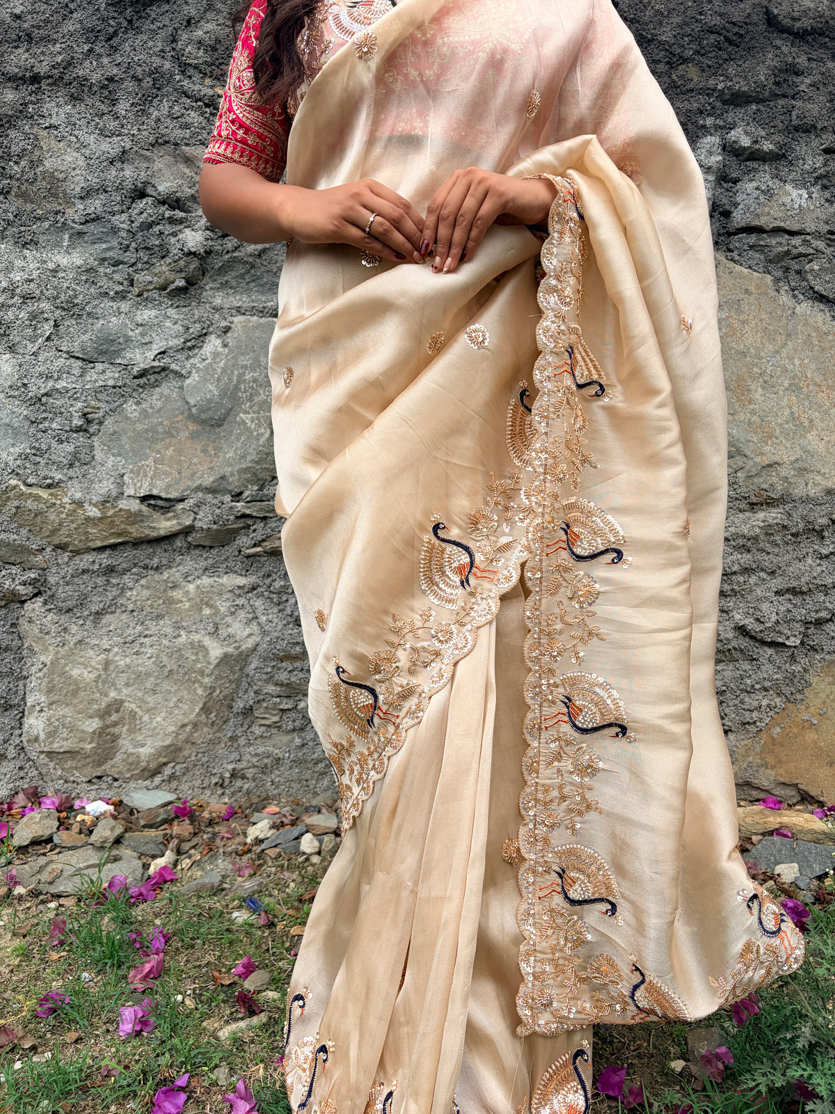Ivory Peaches Work Soft Organza Saree
