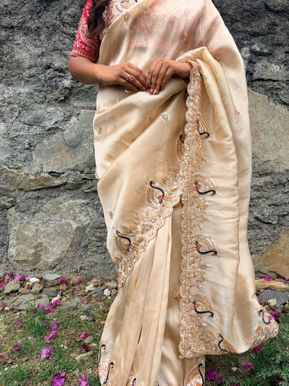 Ivory Peaches Work Soft Organza Saree