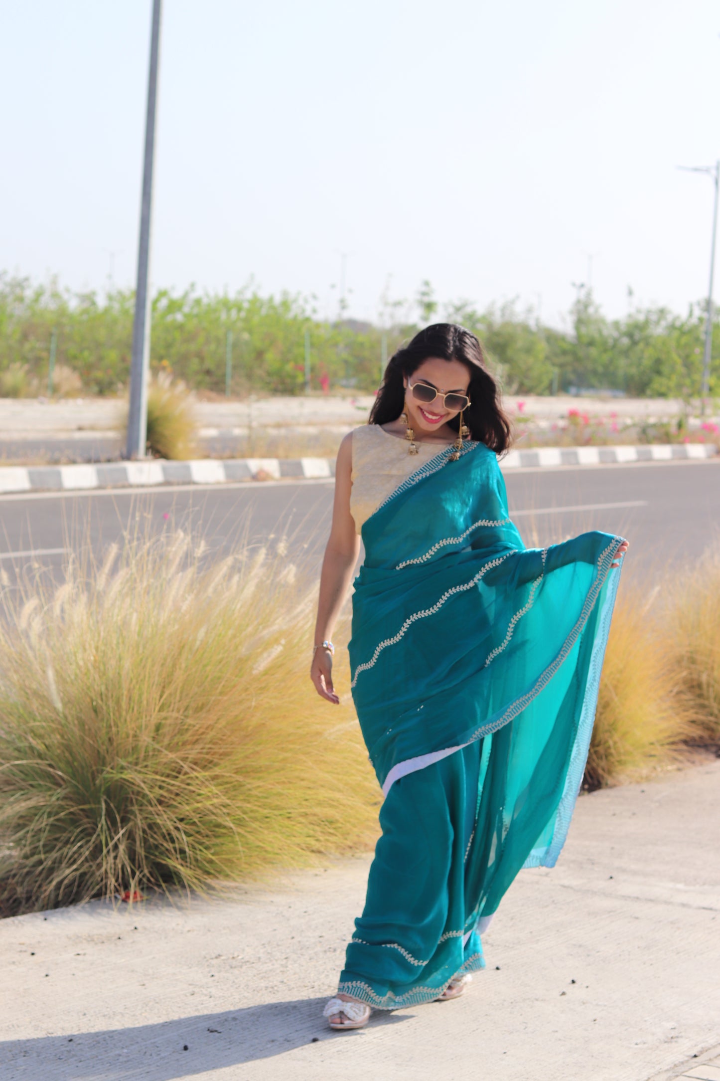 Teal Blue Fendi Drape with Signature Stone Detailing