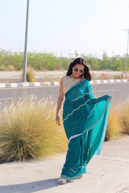 Teal Blue Fendi Drape with Signature Stone Detailing
