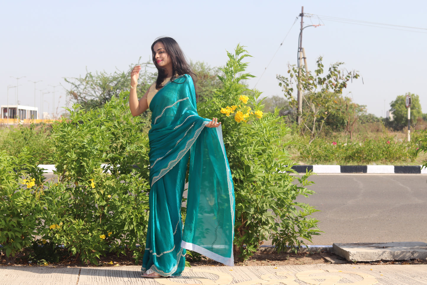 Teal Blue Fendi Drape with Signature Stone Detailing