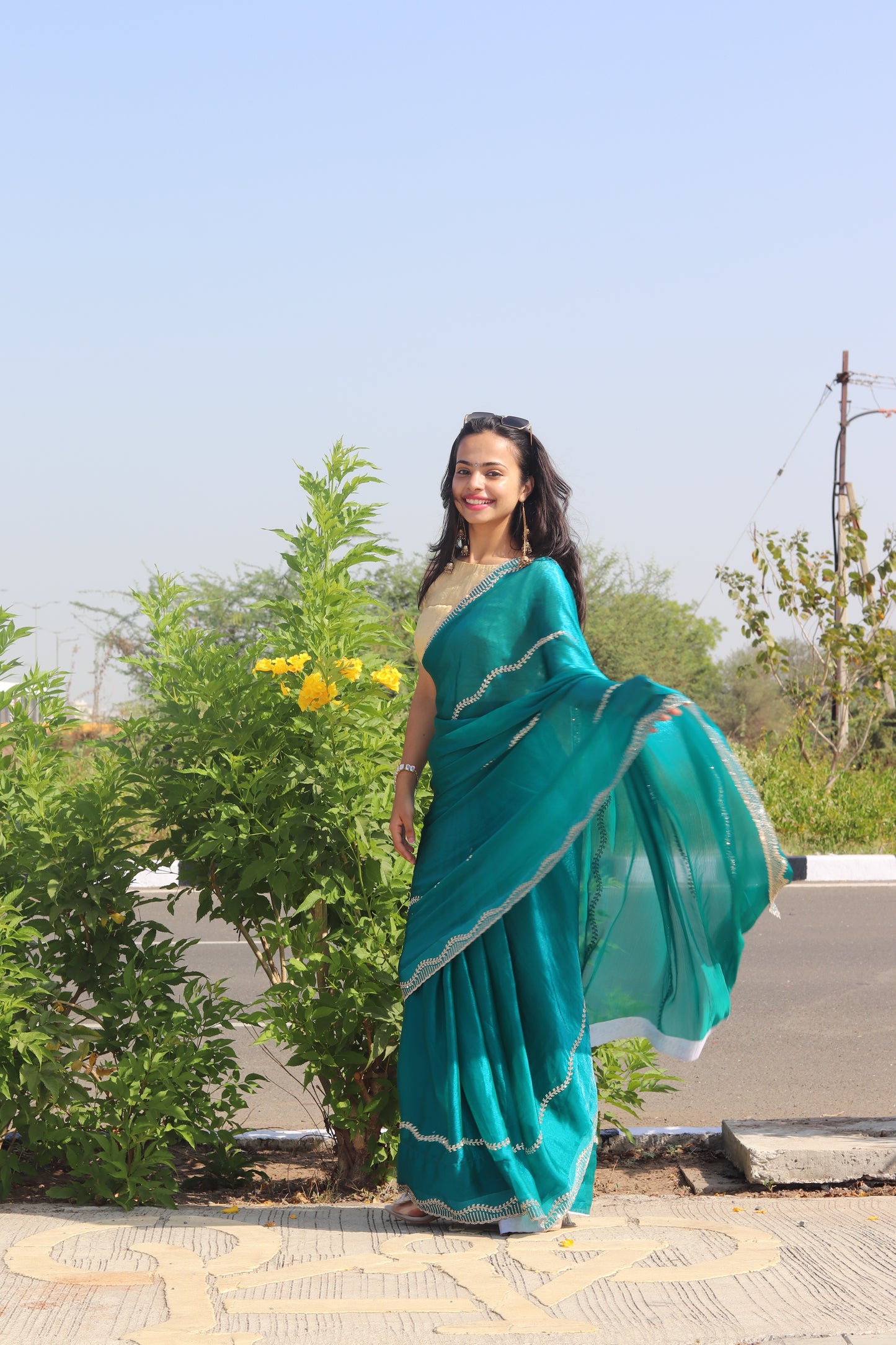 Teal Blue Fendi Drape with Signature Stone Detailing