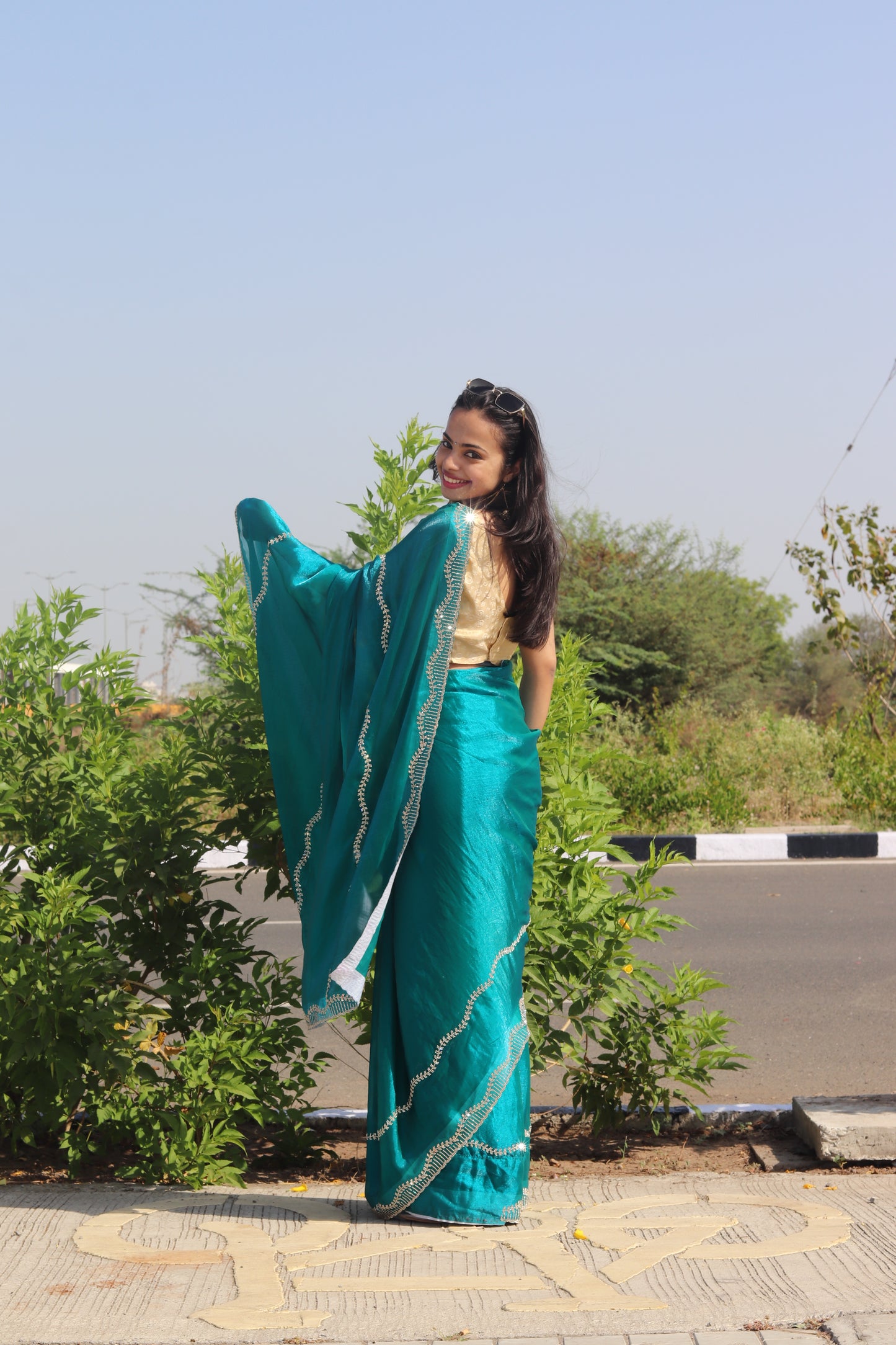 Teal Blue Fendi Drape with Signature Stone Detailing