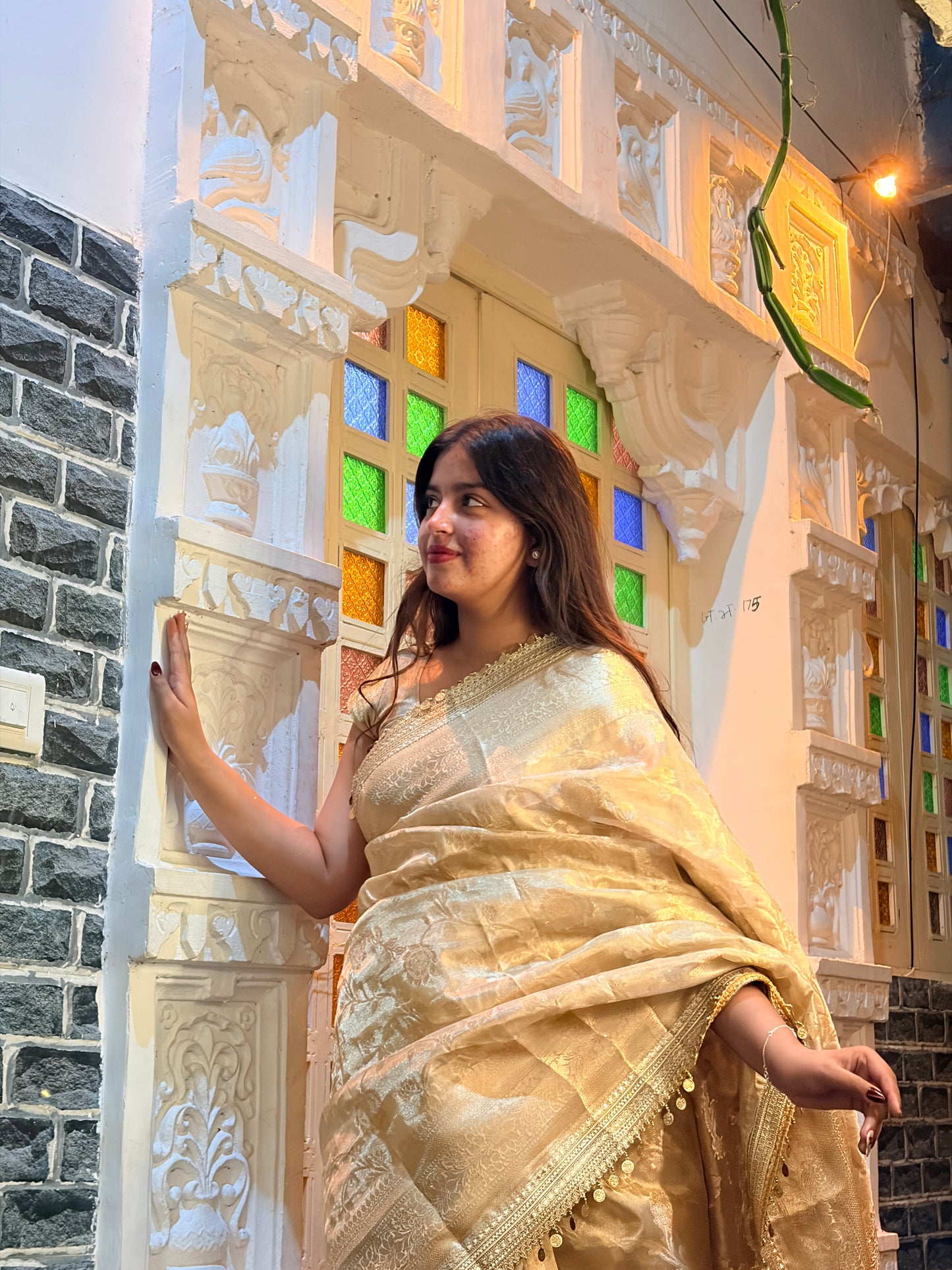 Antique Gold Banarasi Soft Jaal Tissue Silk Saree