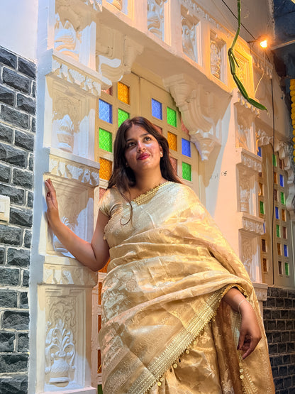 Antique Gold Banarasi Soft Jaal Tissue Silk Saree