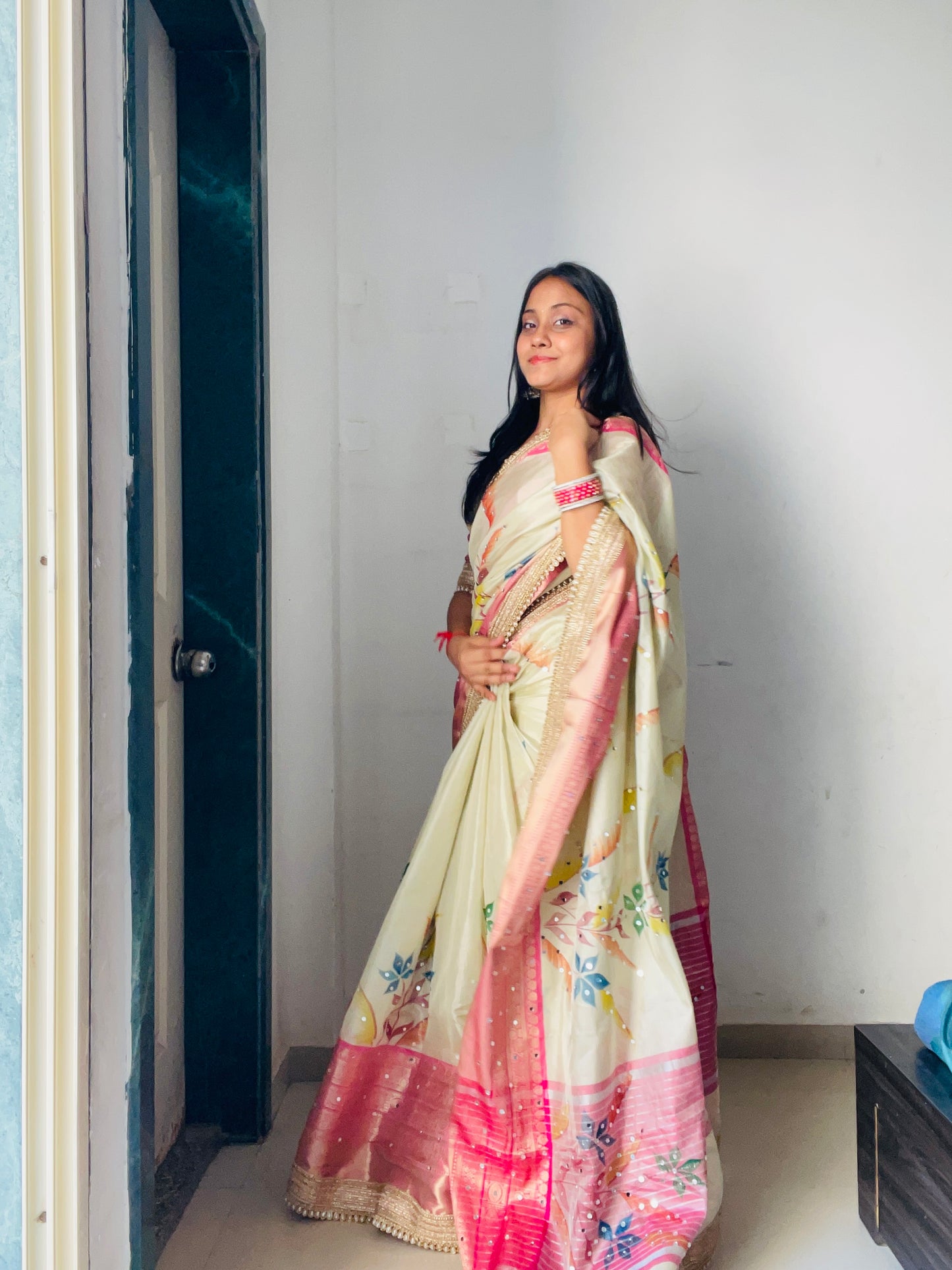 Rose Gold Beige Soft Banarasi katan tissue silk , Floral Print Saree