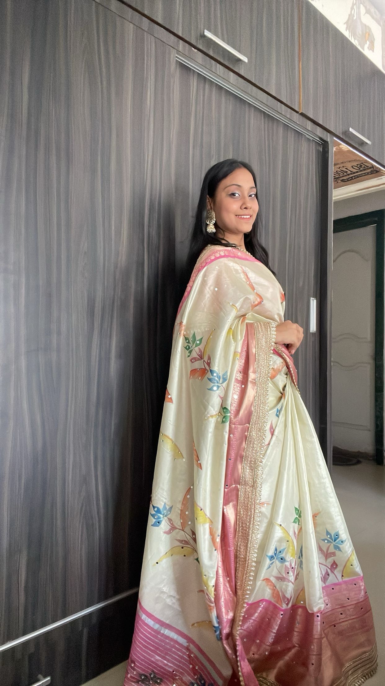 Rose Gold Beige Soft Banarasi katan tissue silk , Floral Print Saree
