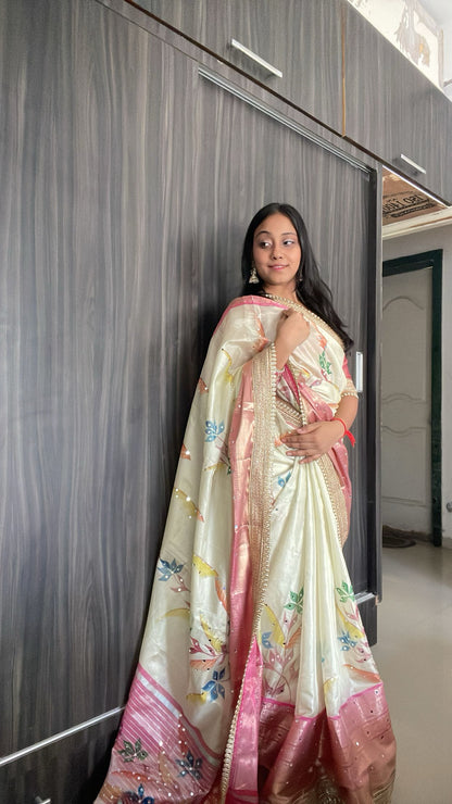 Rose Gold Beige Soft Banarasi katan tissue silk , Floral Print Saree