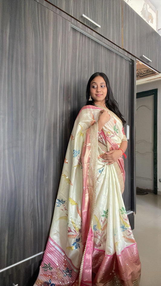 Rose Gold Beige Soft Banarasi katan tissue silk , Floral Print Saree