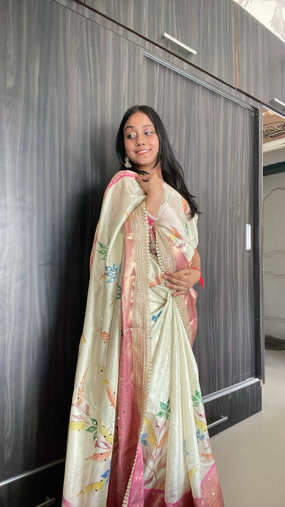 Rose Gold Beige Soft Banarasi katan tissue silk , Floral Print Saree