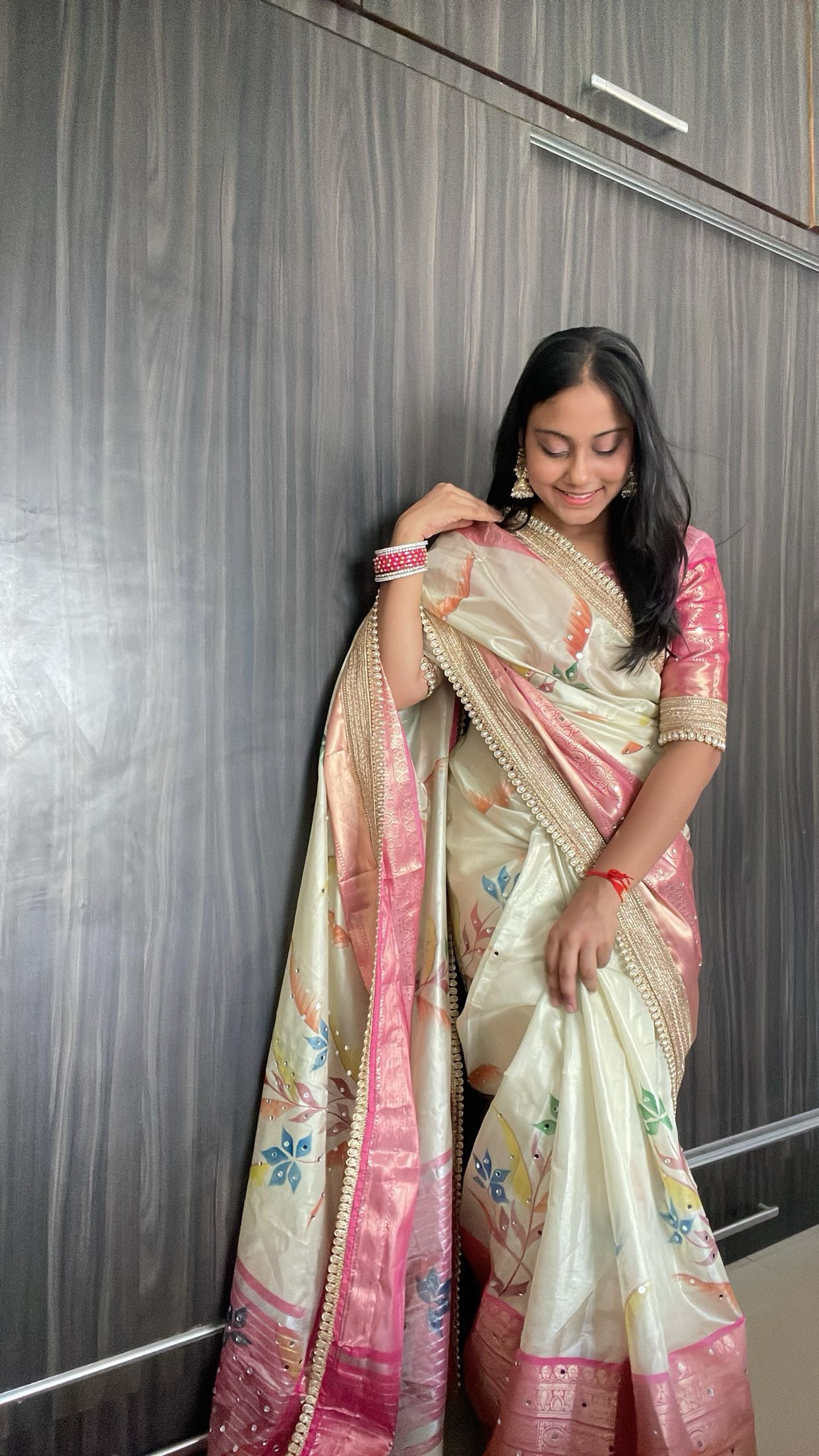 Rose Gold Beige Soft Banarasi katan tissue silk , Floral Print Saree