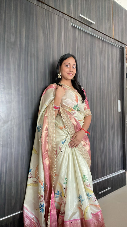 Rose Gold Beige Soft Banarasi katan tissue silk , Floral Print Saree