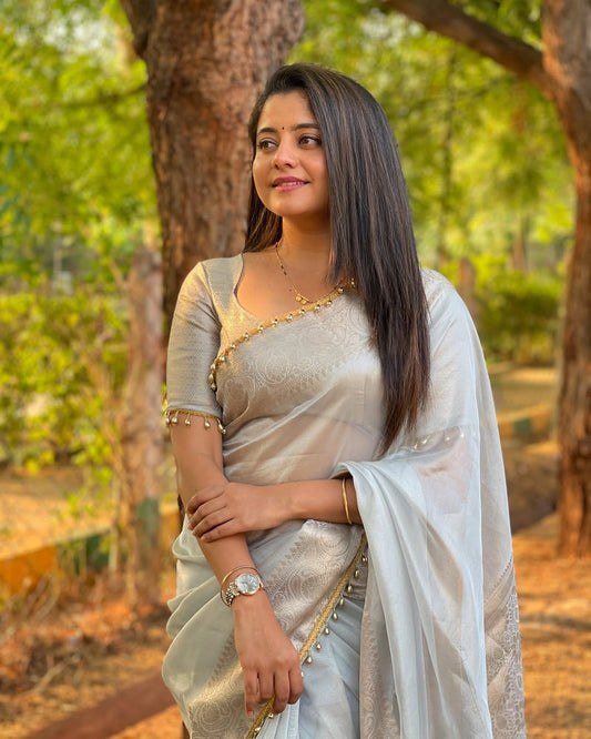 Grey Banarasi Soft Tissue Silk Saree