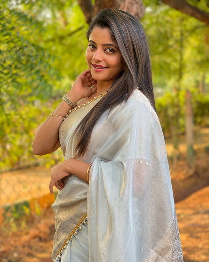 Grey Banarasi Soft Tissue Silk Saree