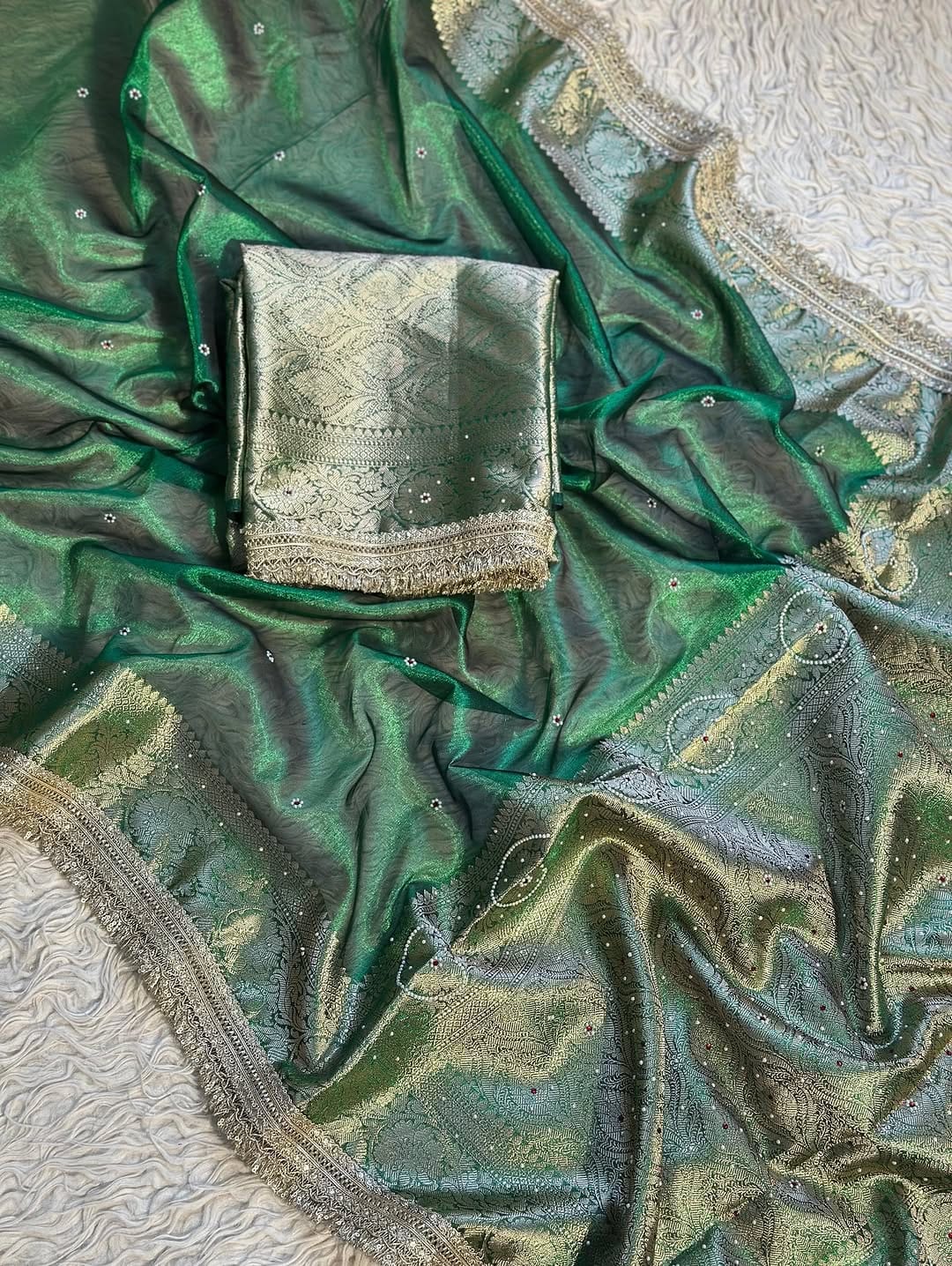 Green Banarasi Soft Maharani Glass Tissue Silk Saree