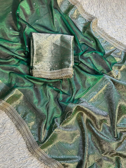 Green Banarasi Soft Maharani Glass Tissue Silk Saree
