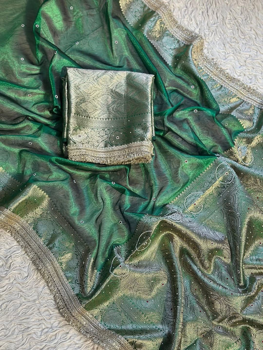 Green Banarasi Soft Maharani Glass Tissue Silk Saree