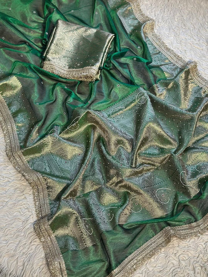 Green Banarasi Soft Maharani Glass Tissue Silk Saree