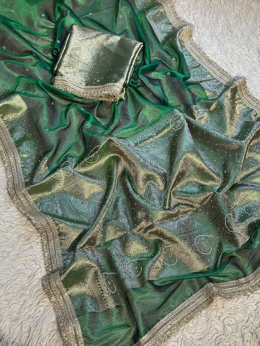 Green Banarasi Soft Maharani Glass Tissue Silk Saree