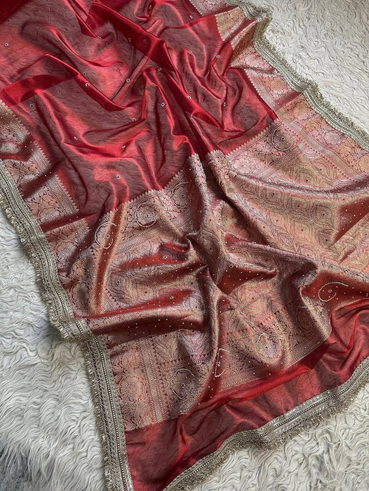 Red Banarasi Soft Maharani Glass Tissue Silk Saree