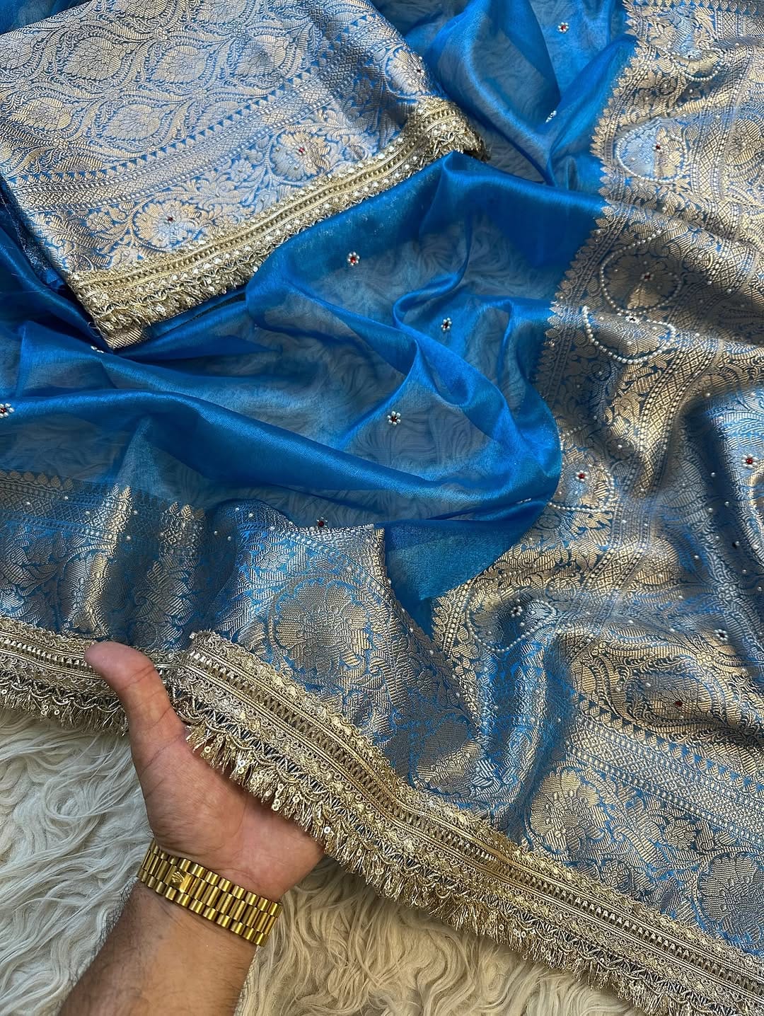 Sky Blue Banarasi Soft Maharani Glass Tissue Silk Saree