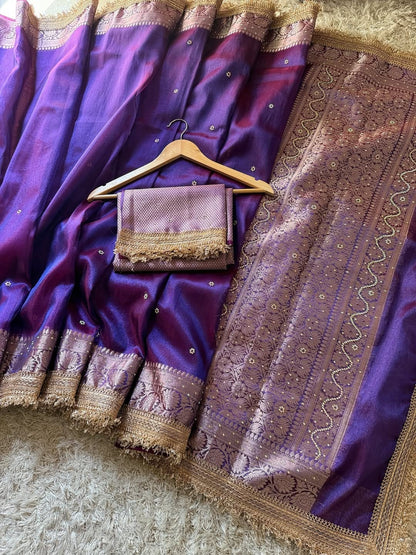 Blue Banarasi Soft Maharani Glass Tissue Silk Saree