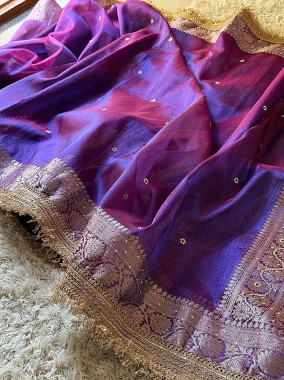 Blue Banarasi Soft Maharani Glass Tissue Silk Saree