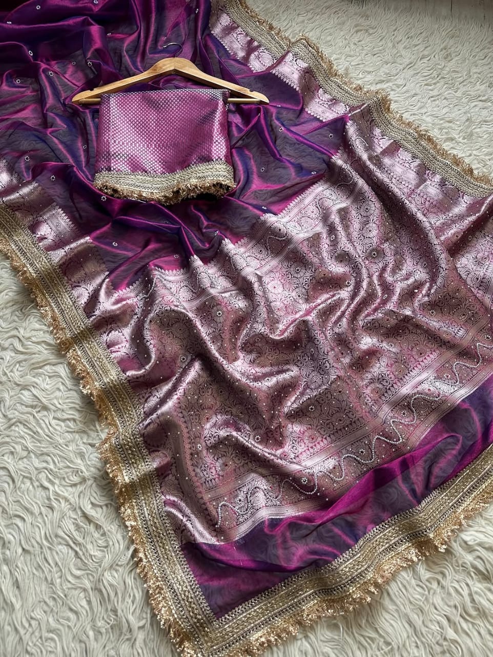 Purple Banarasi Soft Maharani Glass Tissue Silk Saree