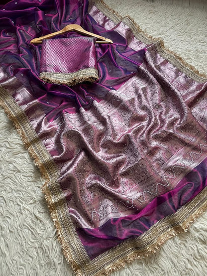 Purple Banarasi Soft Maharani Glass Tissue Silk Saree