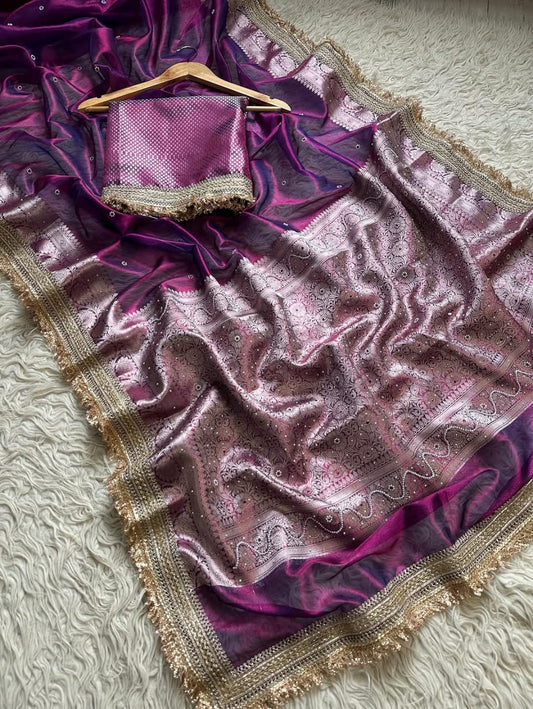 Purple Banarasi Soft Maharani Glass Tissue Silk Saree
