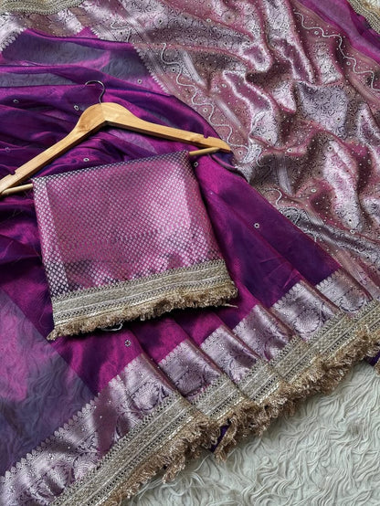 Purple Banarasi Soft Maharani Glass Tissue Silk Saree