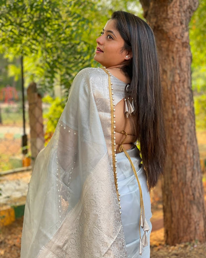 Grey Banarasi Soft Tissue Silk Saree