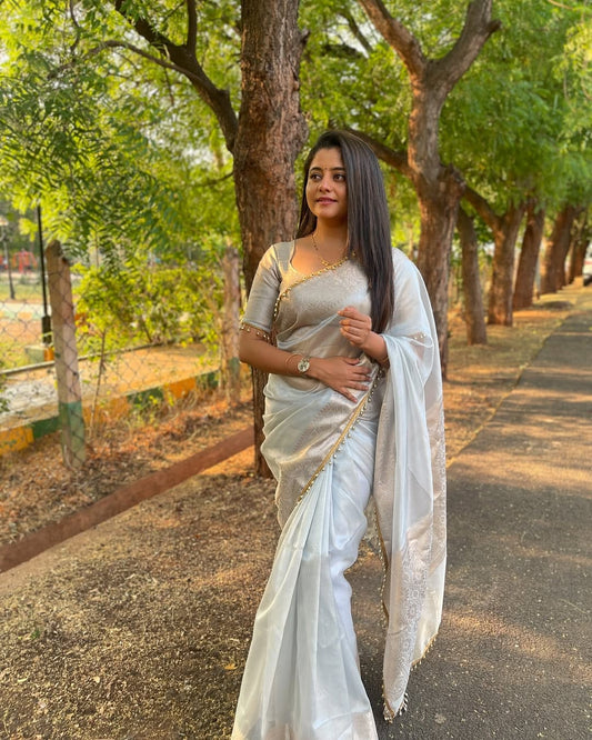 Grey Banarasi Soft Tissue Silk Saree