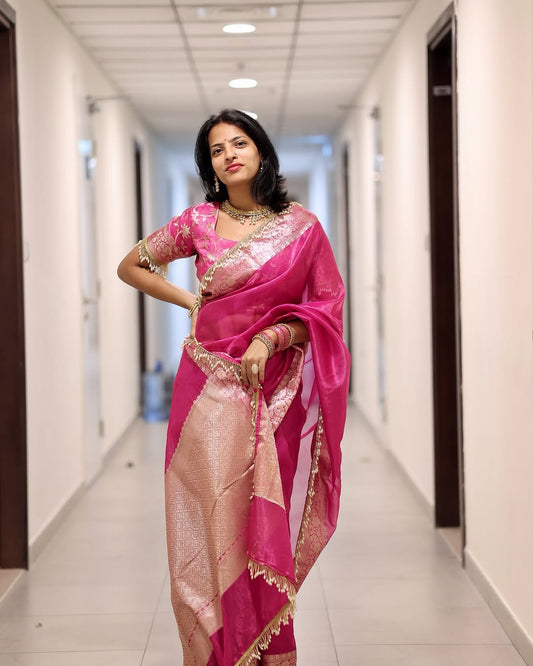 Pink Banarasi Soft Maharani Glass Tissue Silk Saree