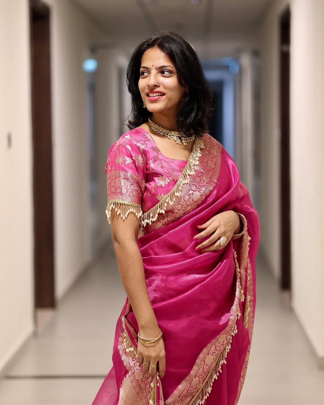 Pink Banarasi Soft Maharani Glass Tissue Silk Saree