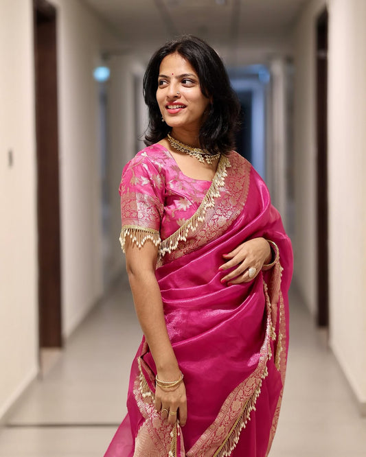 Pink Banarasi Soft Maharani Glass Tissue Silk Saree