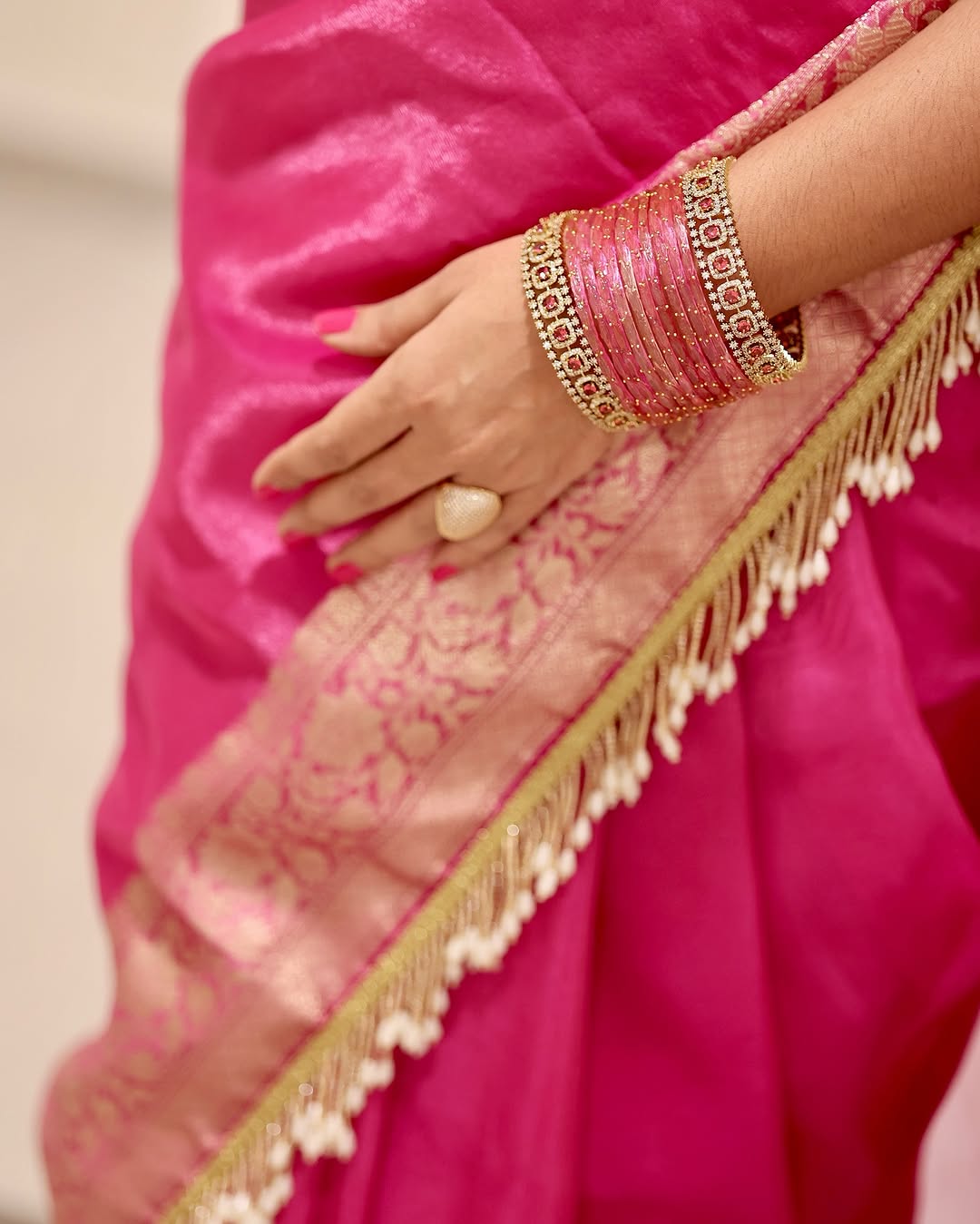 Pink Banarasi Soft Maharani Glass Tissue Silk Saree