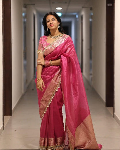 Pink Banarasi Soft Maharani Glass Tissue Silk Saree