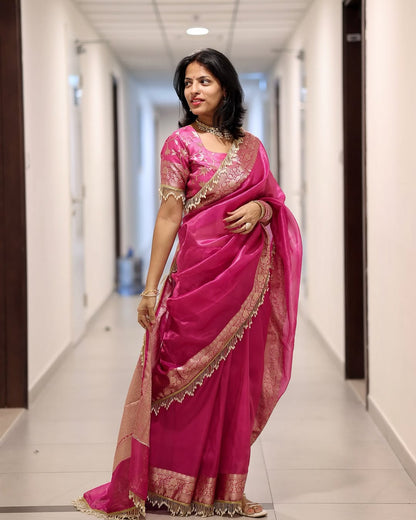 Pink Banarasi Soft Maharani Glass Tissue Silk Saree