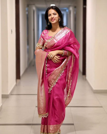 Pink Banarasi Soft Maharani Glass Tissue Silk Saree