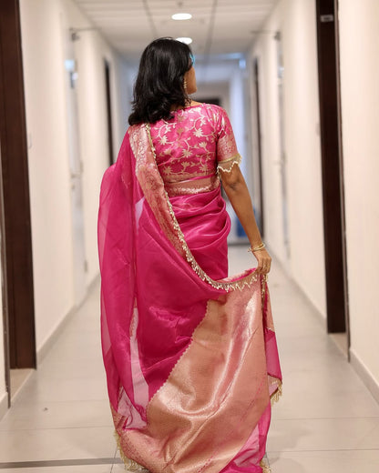 Pink Banarasi Soft Maharani Glass Tissue Silk Saree