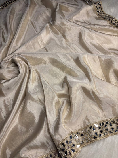 Ivory Gold Banarasi Soft Glass Silk Saree