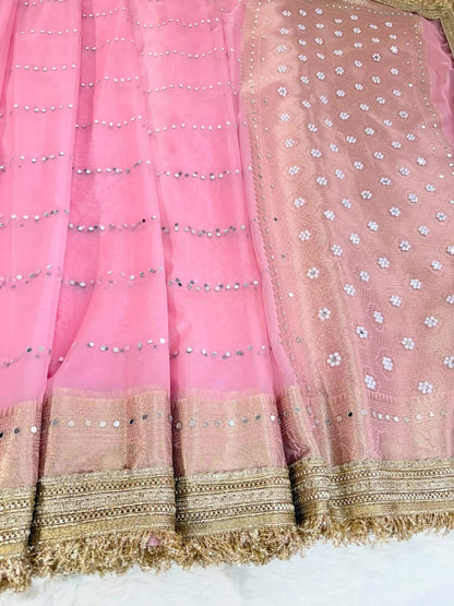 Blush Rose Gold Banarasi Kora Organza Silk Saree with Mirror Work