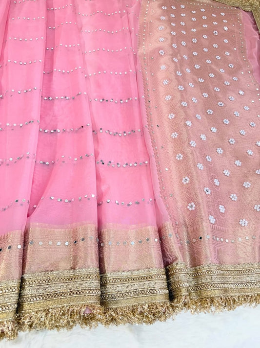 Blush Rose Gold Banarasi Kora Organza Silk Saree with Mirror Work