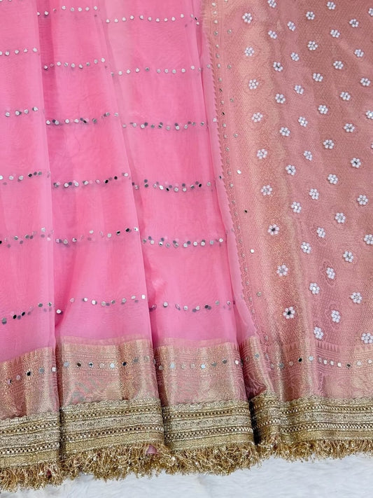 Blush Rose Gold Banarasi Kora Organza Silk Saree with Mirror Work